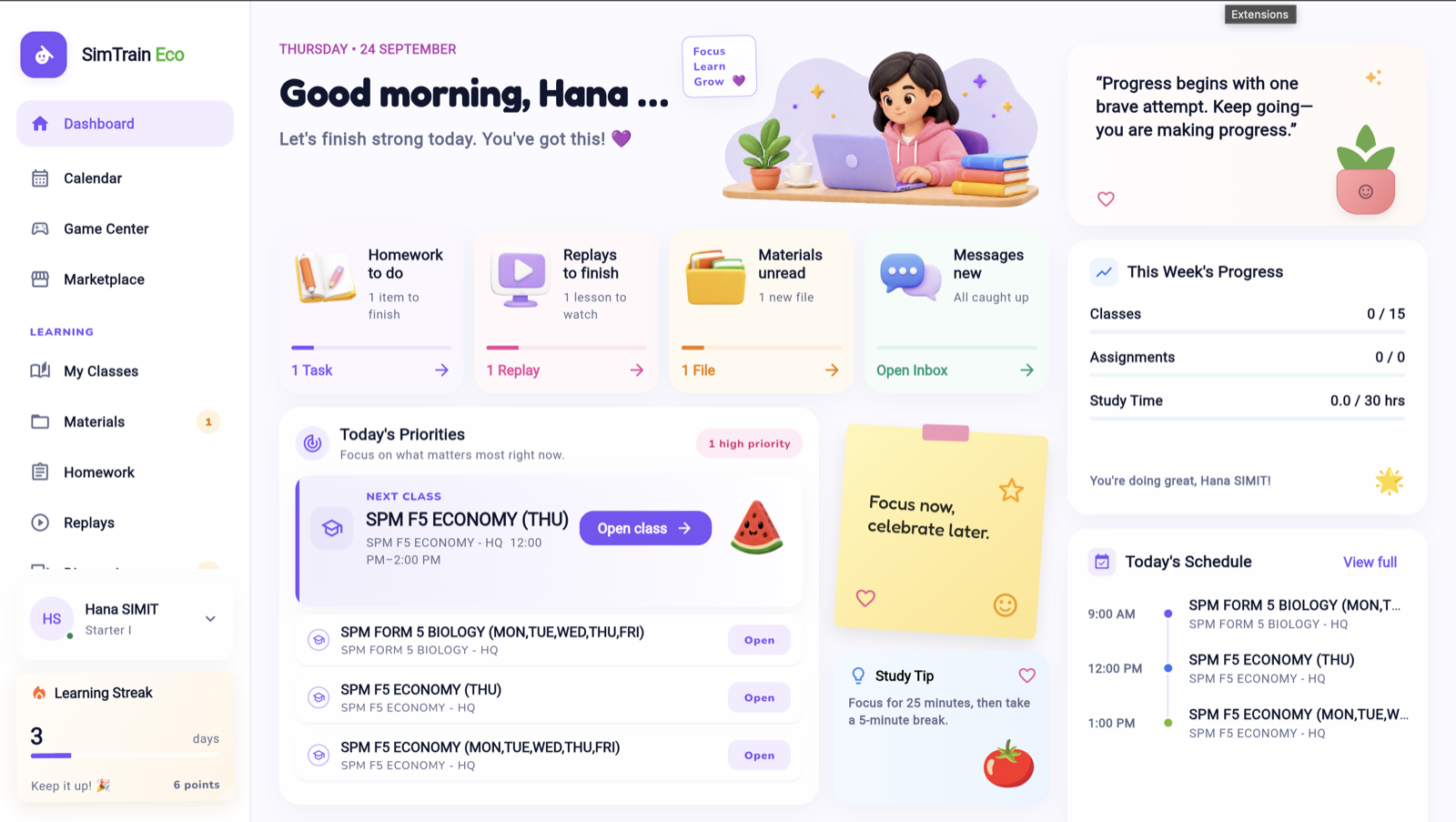 SimTrain Student Portal dashboard showing a student's classes, homework and replays